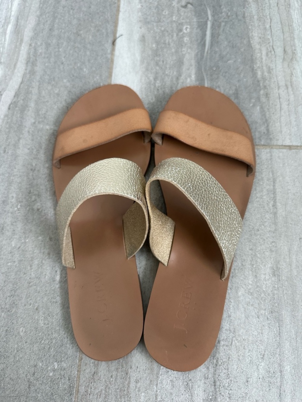 J. Crew Tan and Gold Two-Strap Slide Sandals